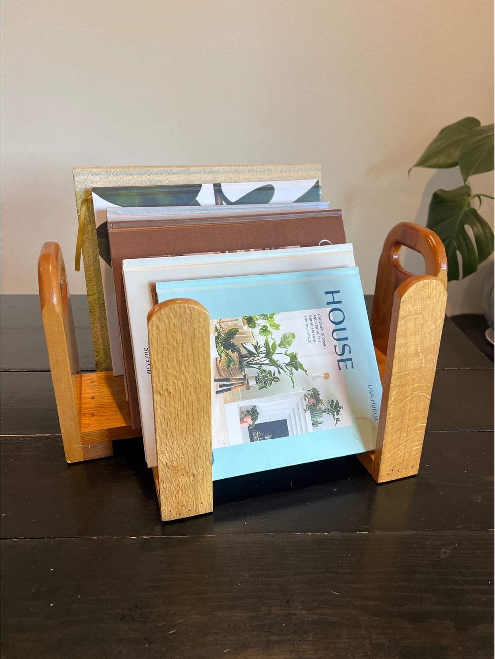 Vintage Handmade Wooden Book Stand with Handles for Organized Reading